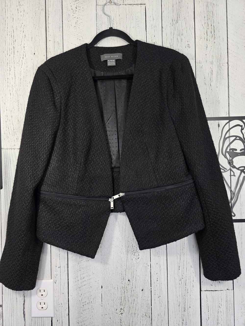 Suzy Shier Black Textured Zip Detail Blazer Jacket Size XL, Career Office Wear